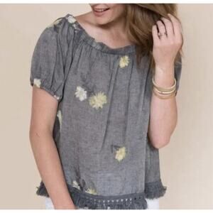 IVY JANE Sz M Gray Yellow Floral Embroidered Off The Shoulder Top Blouse Boho